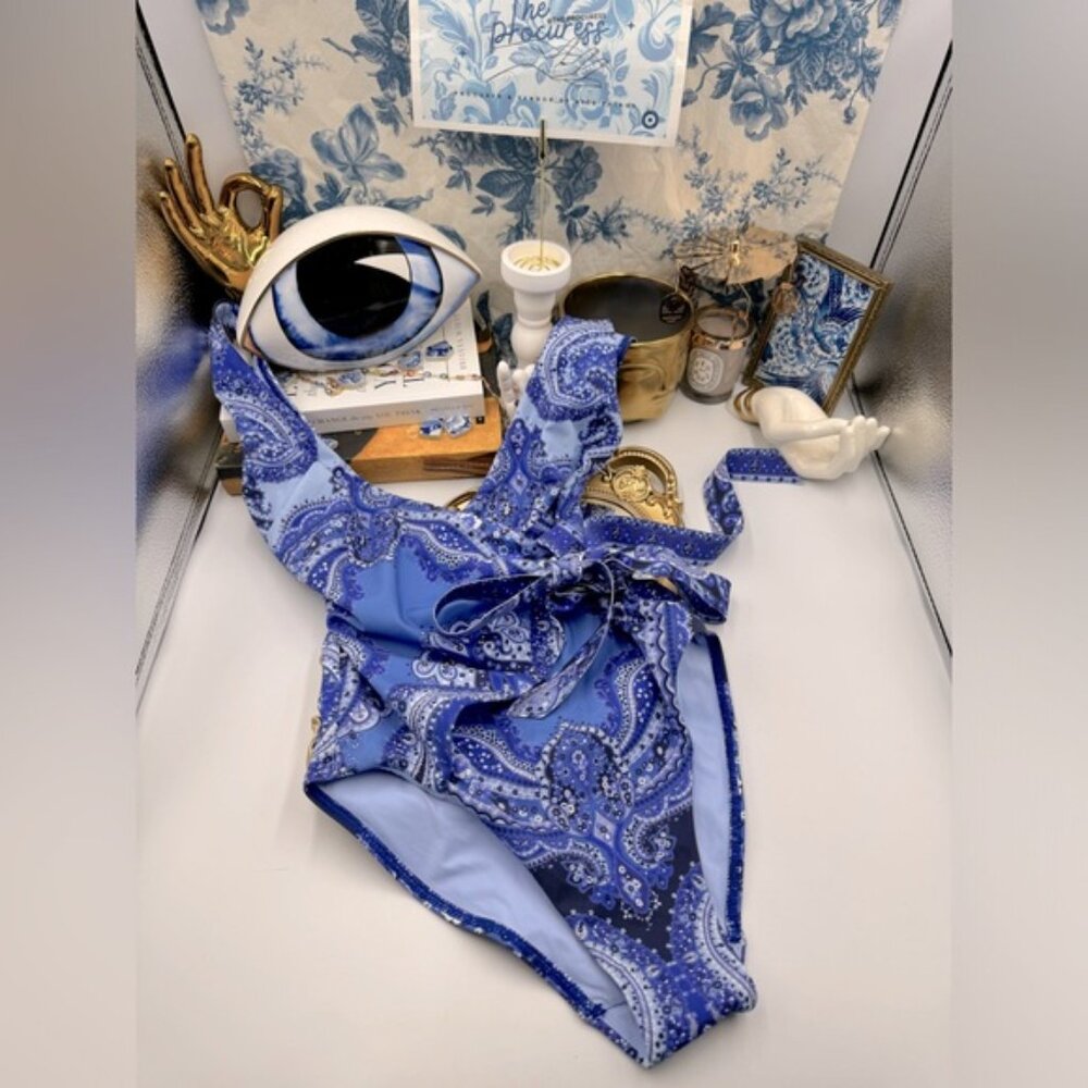🆕 ZIMMERMANN 🧿 NWOT Wrap-Effect Paisley Print 1PC Swimsuit, Purple, Sz US 2/4 - Picture 2 of 16
